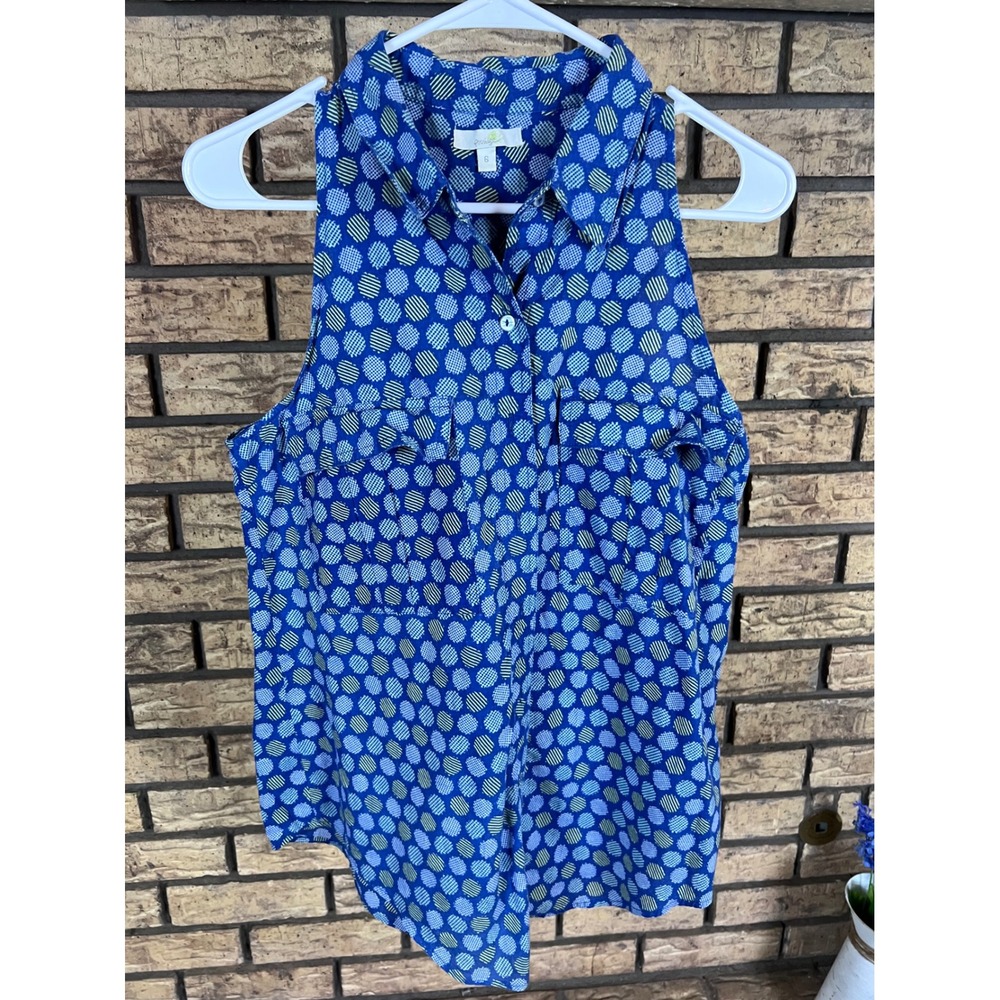 Papillon Blue Polka Dot Sleeveless Collared Top Size S Button Front